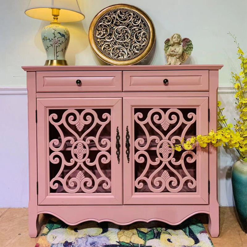 美式乡村鞋柜实木餐边柜粉色玄关柜储物柜