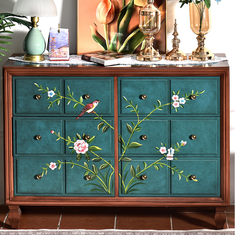 美式彩绘实木六斗柜大容量玄关鞋柜玄关柜餐厅餐边柜客厅储物柜子