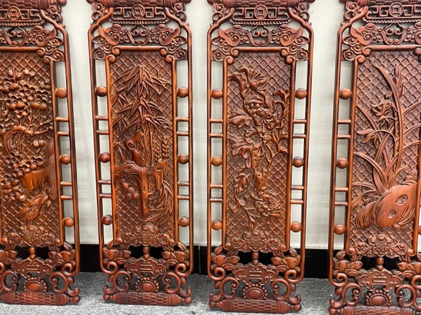 四条屏 梅兰竹菊（尺寸25*80cm ）东阳木雕香樟木实木雕刻挂件