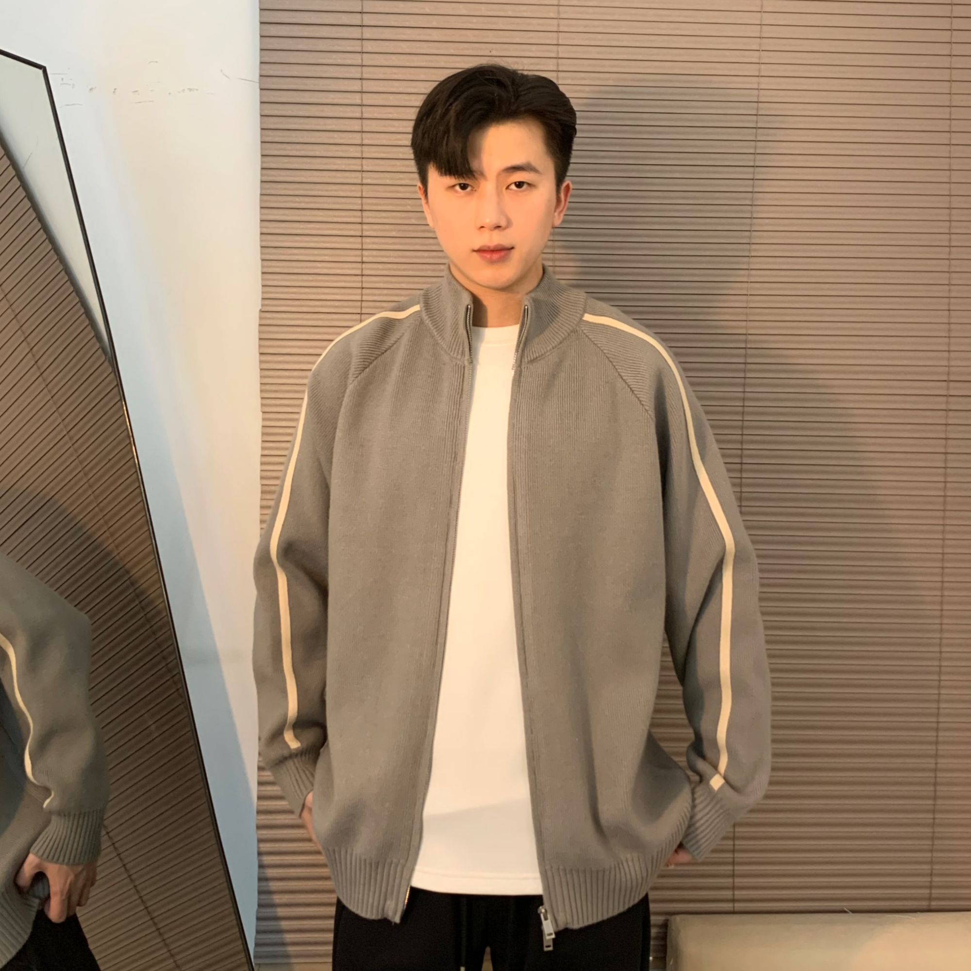 QinADe简约Cleanfit不规则条纹针织开衫男百搭舒适毛衣开衫5432