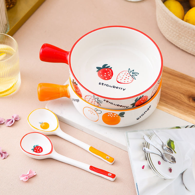 陶瓷泡面碗沙拉碗创意手柄烘焙早餐盘小清新碗勺餐具组合陶瓷烤碗