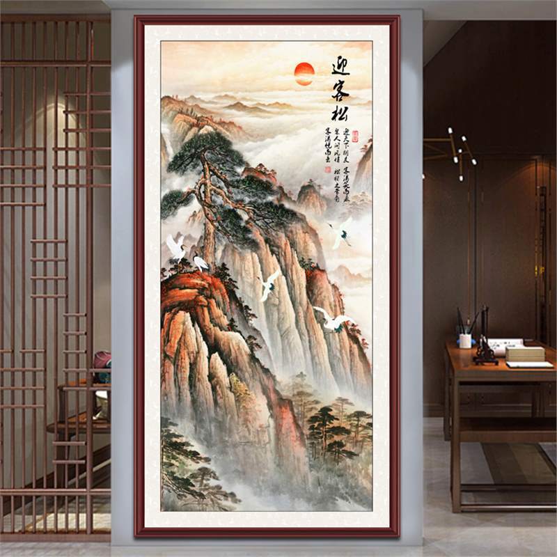 中式水墨山水画入户客厅玄关装饰壁画进门贴画防水防潮迎门墙贴纸