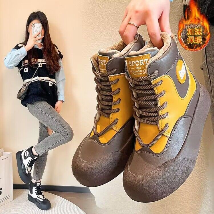 户外登山鞋女秋冬季系带厚底机车马丁靴爆款大黄靴短靴休闲百搭