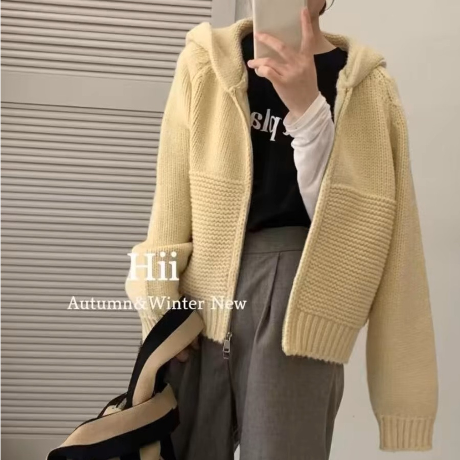 韩系穿搭纯色螺纹双拉链连帽针织开衫