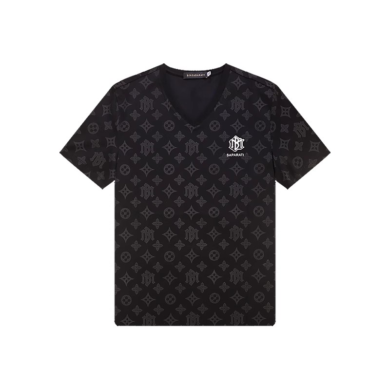 B.M.SABARATI  夏季新款男装暗纹提花丝光棉满印花时尚短袖T恤 E