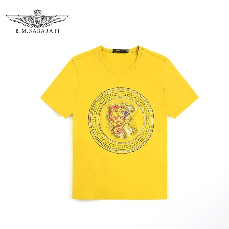 B.M.SABARATI 夏季新款男装复古字母印花丝光棉圆领修身短袖T恤E