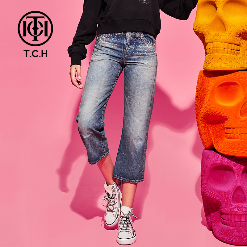 奥莱-潮牌轻奢烫钻高腰宽松直筒百搭显瘦情侣牛仔裤T69D208024