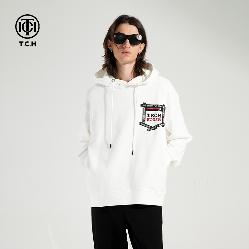 TCH潮牌安全带字母烫钻白色帽衫男女同款T21112C6058