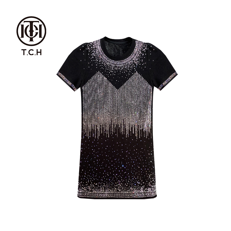 【爆品珊珊】新中式25新款气质时尚重工烫钻黑色连衣裙T72B30E9060