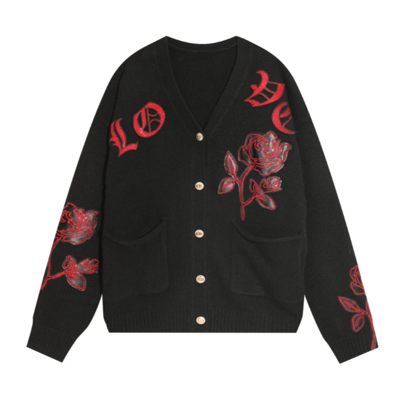 TCH轻奢烫钻工艺玫瑰花印花宽松针织开衫女T21109C3005私服tch