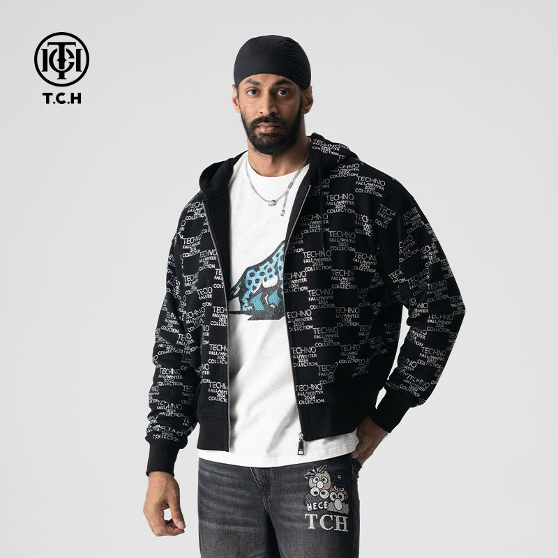 轻奢-T.C.H24春夏新款百搭烫钻时尚连帽长袖宽松拉链衫T72A176009