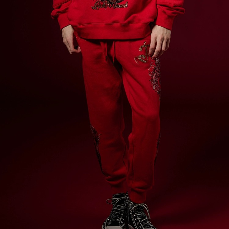 男装-TCH潮牌龙年重工系列炫彩龙烫钻新年红百搭休闲裤T72A206122