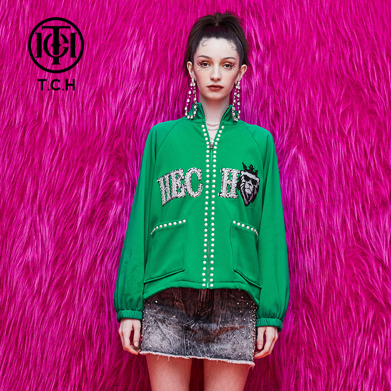奥莱-TCH拉链衫烫钻虎头珍珠钻时尚绿色男女外套T69A176003