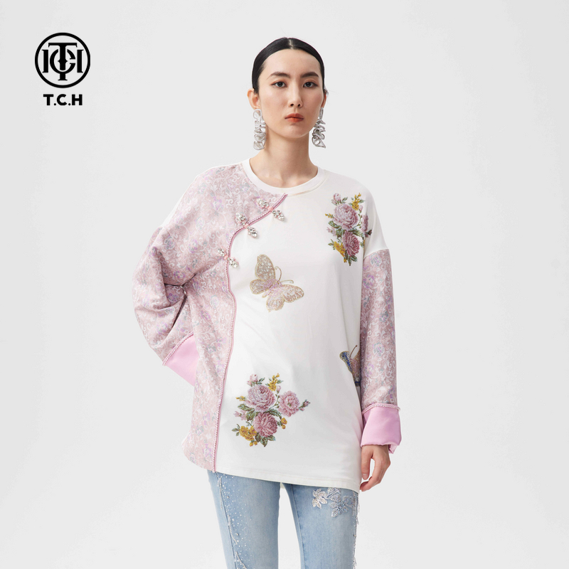 轻奢TCH新中式国风烫钻长袖T恤女2025早春新款圆领上衣T72C086039