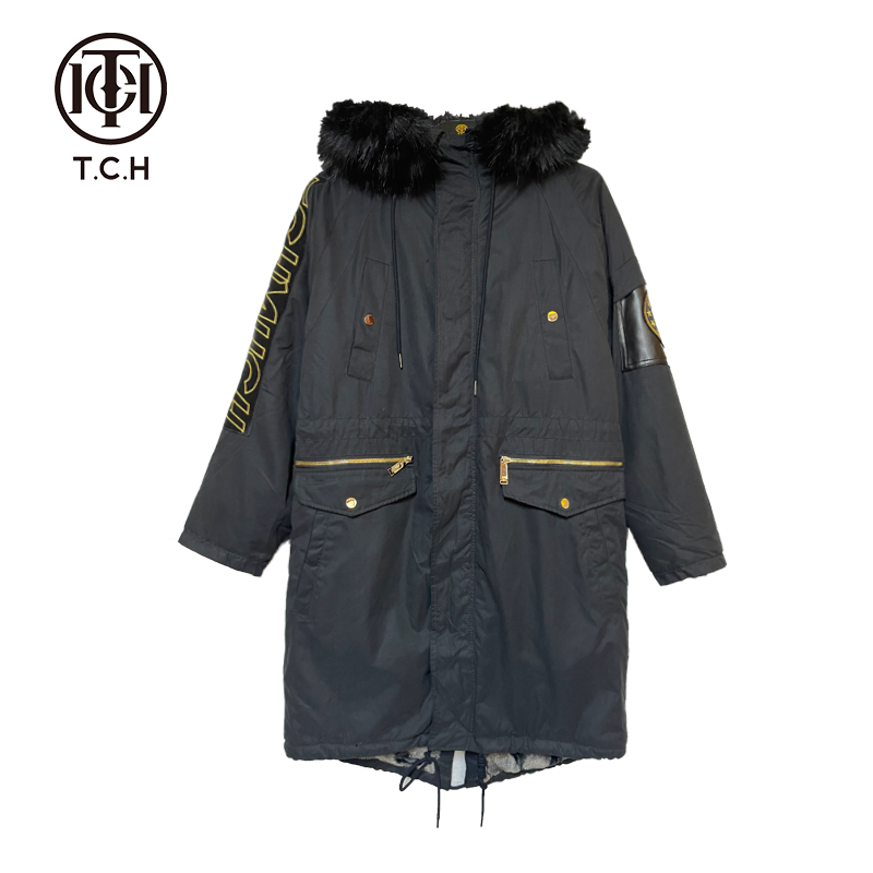 TCH-潮牌长款时尚连帽中长款休闲保暖加厚毛领棉服T66D18B4099