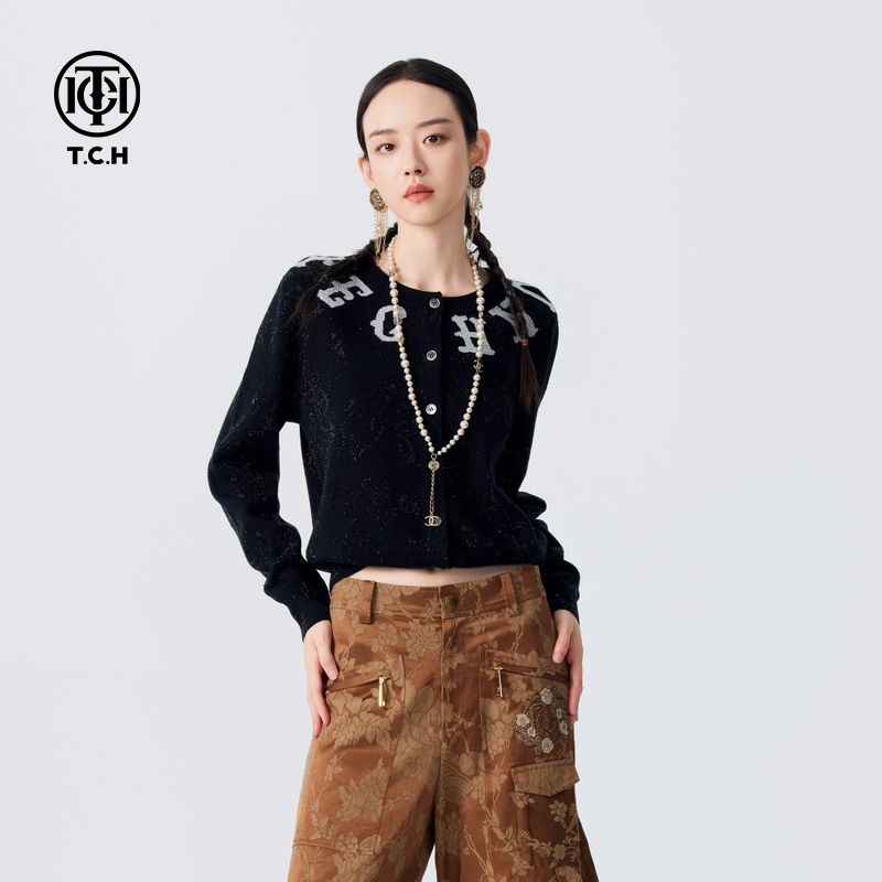 私服-TCH满天星烫钻法式时尚气质绵羊毛针织开衫外套女T72D438012