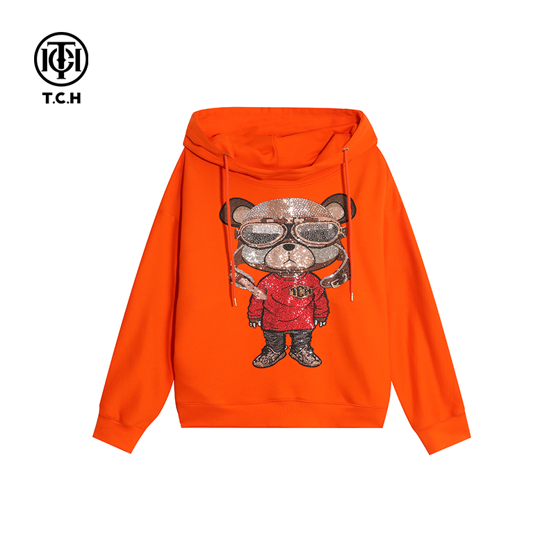 男装-TCH潮牌飞行员小熊烫钻橘色翅膀卡通套头慵懒卫衣T66A126113