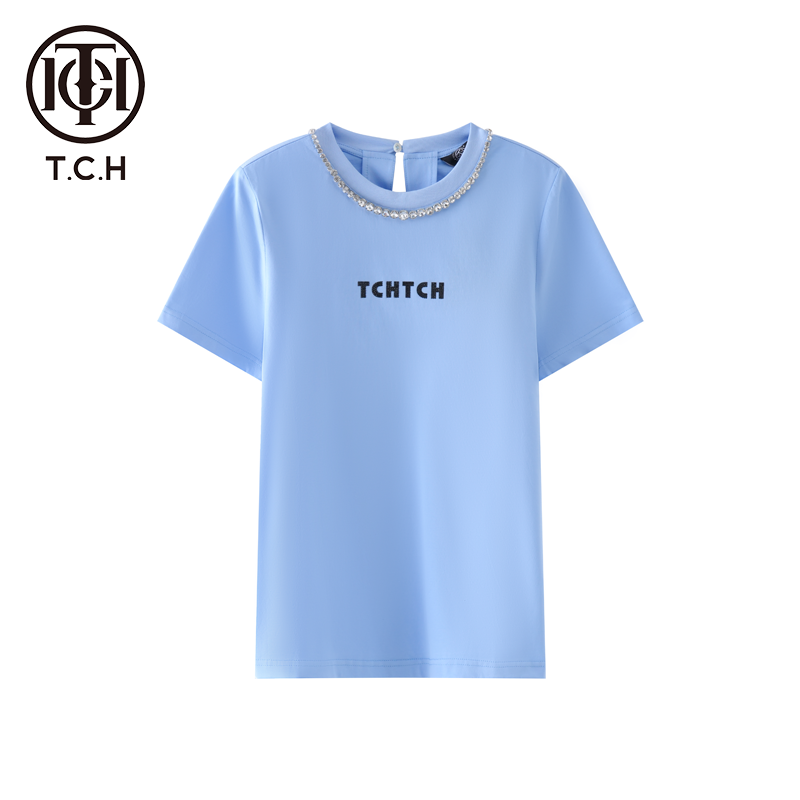 潮牌-2025春季新款时尚百搭手缝烫钻短袖蓝色T恤T69C10E6008