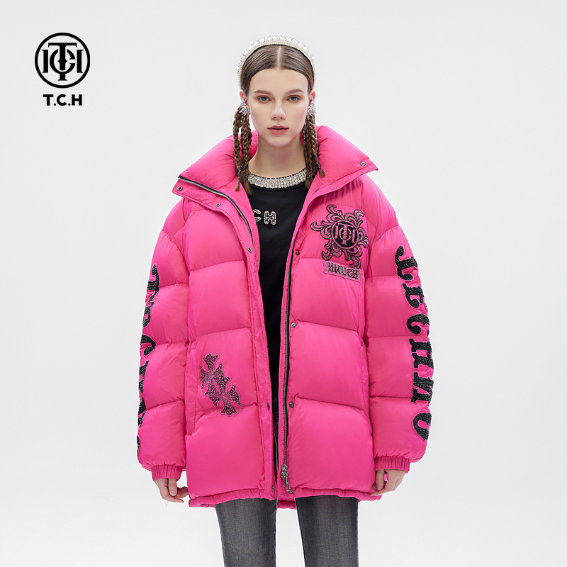潮牌-TCH潮牌烫钻翅膀高领白鸭绒宽松百搭款羽绒服外套T72D198078