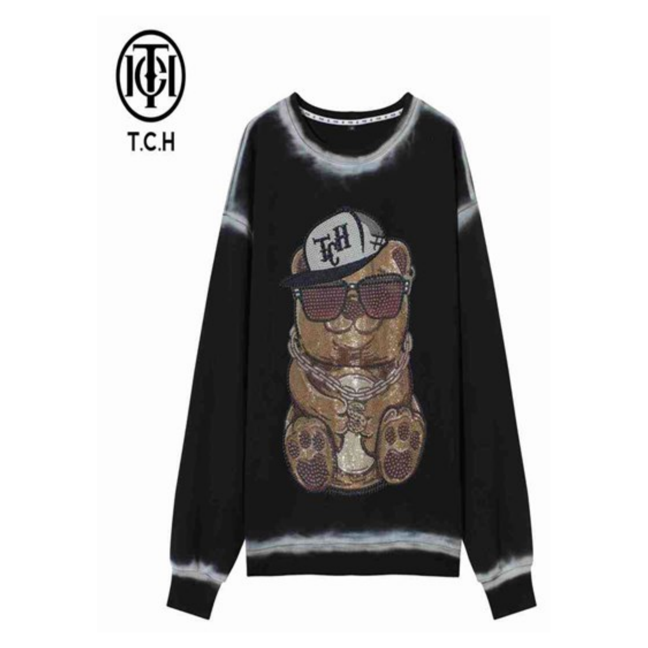 TCH轻奢时尚慵懒风小熊烫钻黑色圆领情侣卫衣T66C118029私服tch