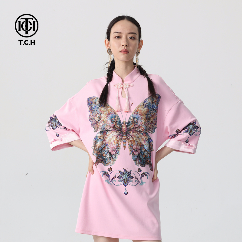 山东-TCH新中式连衣裙女蝴蝶烫钻T恤裙2025秋季新款T72C306005