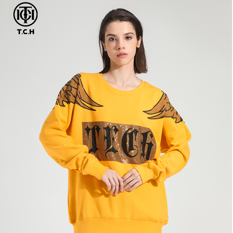 爆款-TCH豹子翅膀烫钻时尚休闲情侣经典黄色连帽卫衣T21111C6060