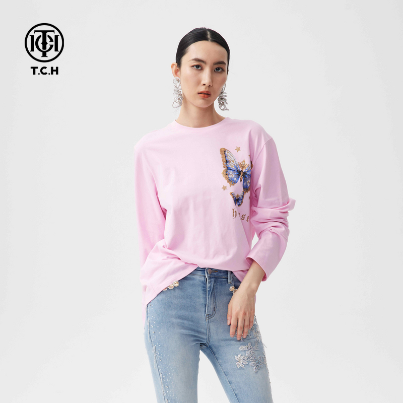 DJ-TCH春季时尚百搭烫钻休闲长袖T恤女圆领宽松上衣T72C086010