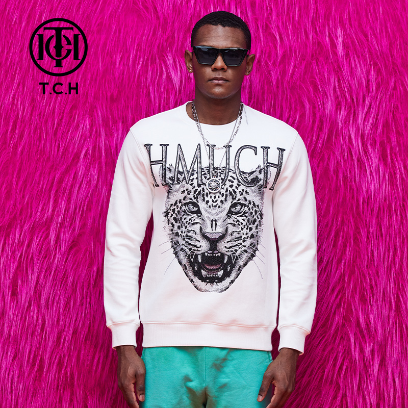 年终大促-TCH轻奢烫钻时尚休闲痞帅风情侣款白色卫衣T69A116055 