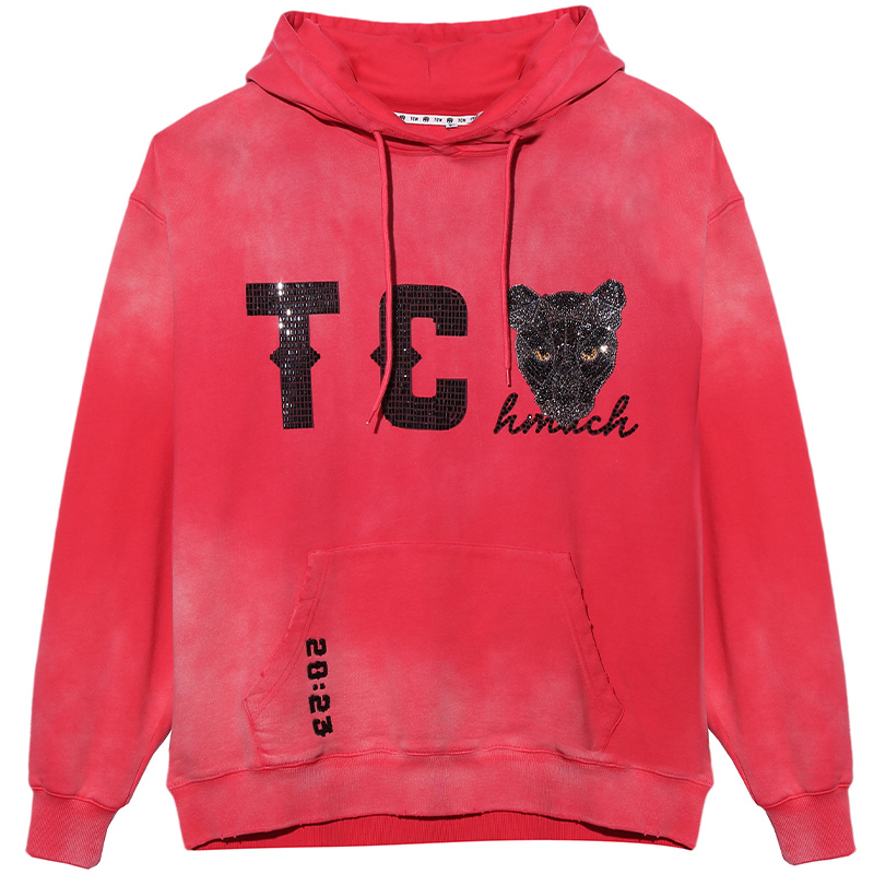 爆款-TCH潮牌红色字母大颗粒烫钻潮流休闲情侣连帽卫衣T69D128012