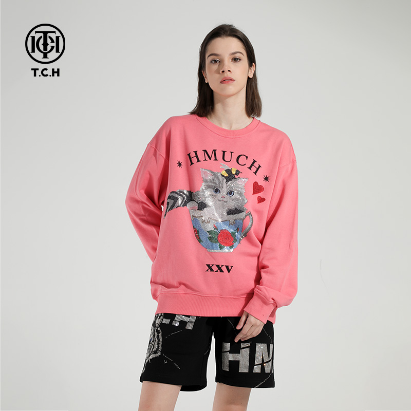 山东TCH-茶杯猫咪烫钻粉色卫衣男女同款T21111C6028