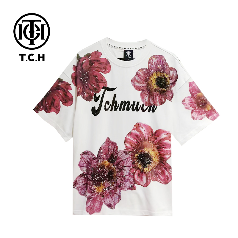 TCH轻奢烫钻工艺牡丹花字母洋气白色国风T恤女T72B10E6059私服tch