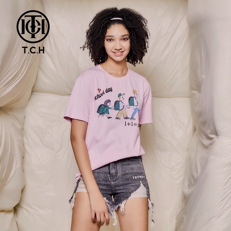 轻奢-TCH潮牌T恤烫钻卡通图案可爱纯棉粉色短袖上衣T69C106083