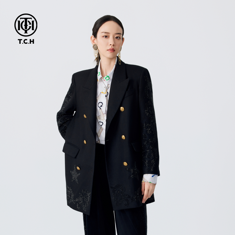 TCH轻奢烫钻工艺双排扣宽肩廓形洋气外套西装女T72C046013私服tch