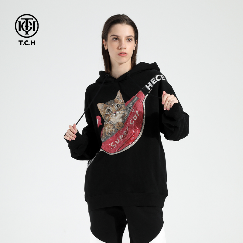 爆款-TCH腰包猫咪烫钻黑色帽衫T21112C6068