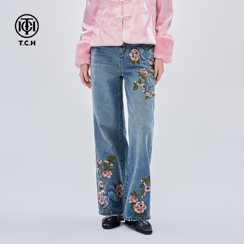 山东-TCH式重工烫钻牛仔裤女24秋冬直筒显瘦阔腿裤T72C208036