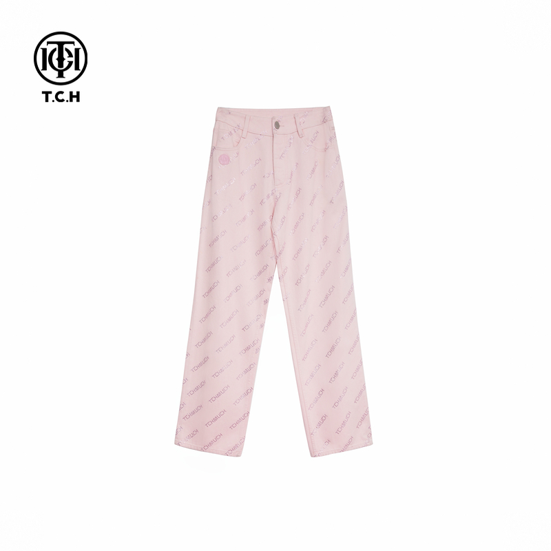 TCH满印字母烫钻粉色直筒牛仔裤女2025阔腿裤潮T72C208011