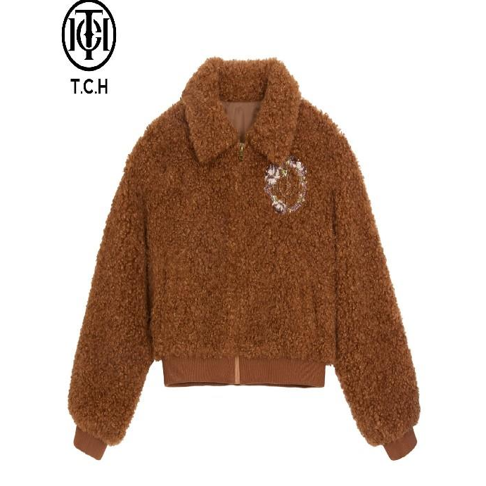 潮牌-TCH韩系安全感时尚字母保暖棕色翅膀毛毛外套女T72D056023