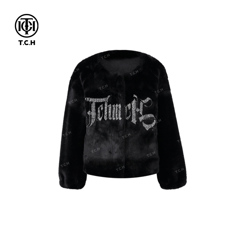 TCH轻奢烫钻工艺字母时髦黑色短款毛毛外套女T72C05E5003私服tch