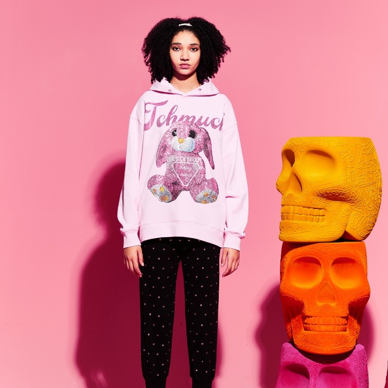 潮牌-TCH潮牌粉色时尚潮流烫钻时尚休闲小粉兔帽衫卫衣T69C126007