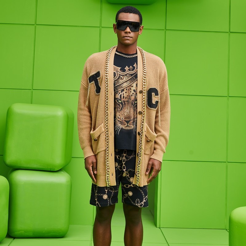 轻奢-TCH潮牌重工锁链设计师走秀款咖色时尚针织开衫T69B438002