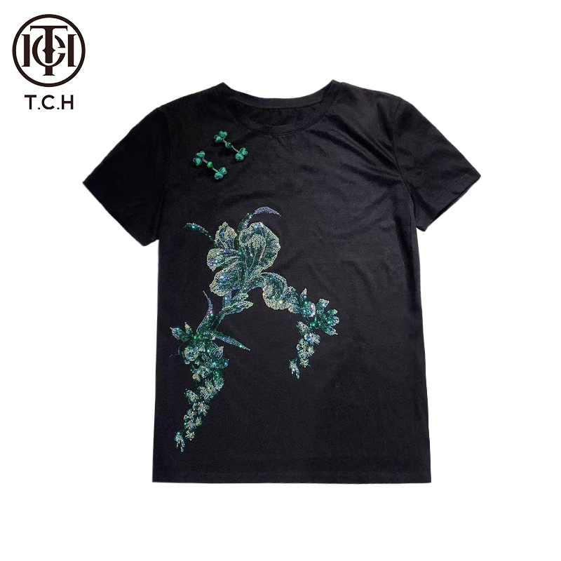 潮牌-TCH2025春夏潮流烫钻新中式时尚黑色短袖T恤T72A10E9022