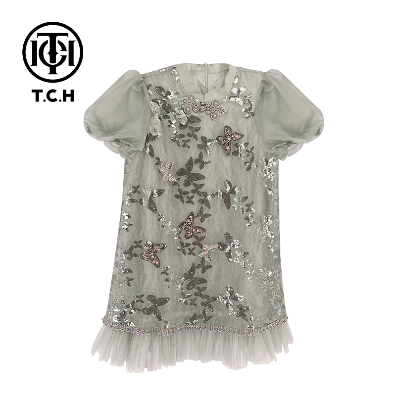 潮牌-TCH新中式2025夏款显瘦时尚重工烫钻夏季连衣裙T72B30E8020