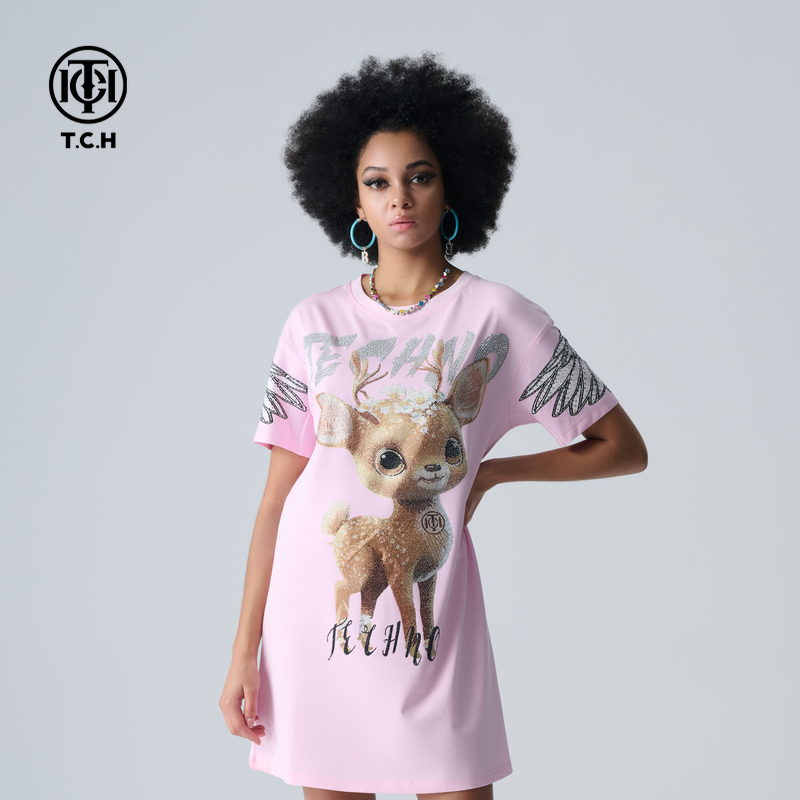 TCH轻奢烫钻工艺夏季新款小鹿百搭长款连衣裙女T72B306027私服tch