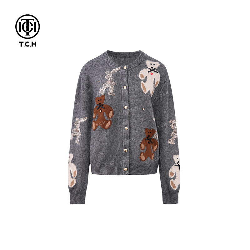 私服-TCH潮牌24秋冬新款小兔子可爱烫钻灰色针织开衫T72C43E5083