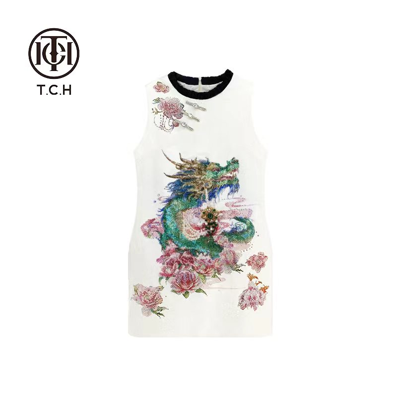 T.C.H/新中式新款洋气气质时尚烫钻米色连衣裙T72B30E9063