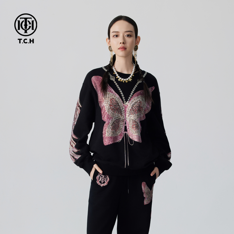 DJ-TCH圆领卫衣女2025秋季新款潮牌烫钻圆领衫男T72C116022