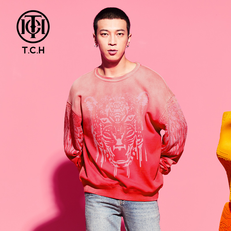 TCH潮牌重工烫钻老虎头潮流纯棉长袖卫衣男女同款T69D118018