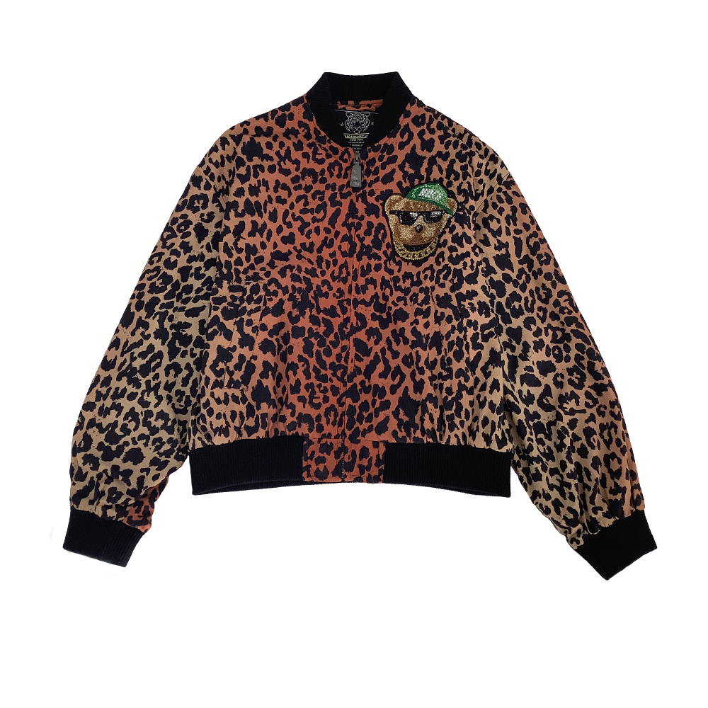 潮牌TCH-时尚豹纹酷帅小熊字母刺绣烫钻飞行服外套T69C16E6002