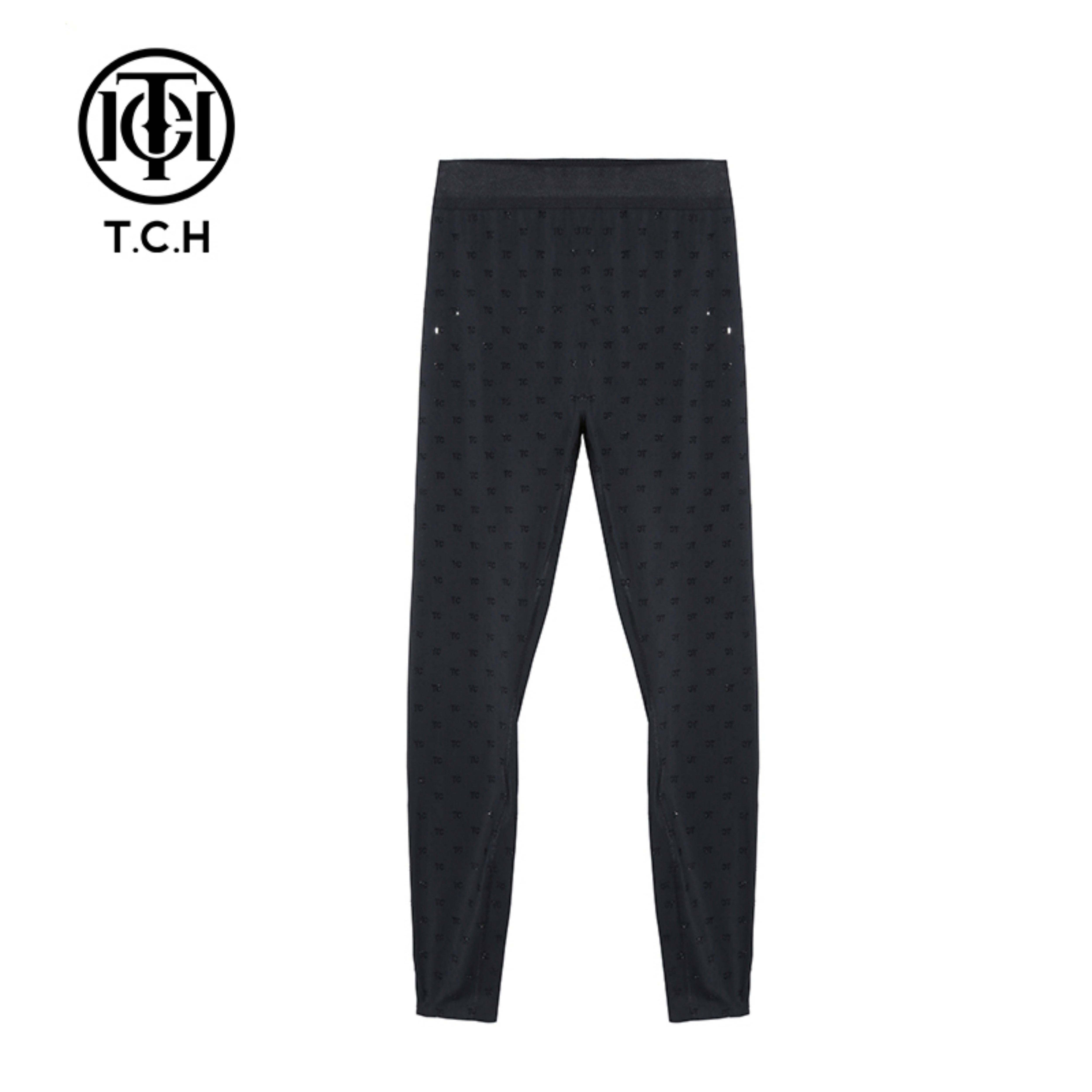 轻奢-TCH时尚潮牌字母满钻拉链黑色运动修身女士打底裤T69D238006