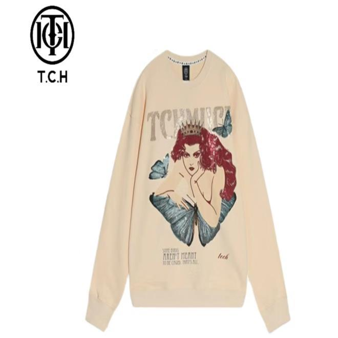 TCH轻奢皇冠美人鱼烫钻加绒时尚白色复古卫衣T21111C6033私服tch